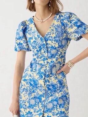 J Crew Button Front Puff Sleeve Floral Mini Dress Size 10 EUC